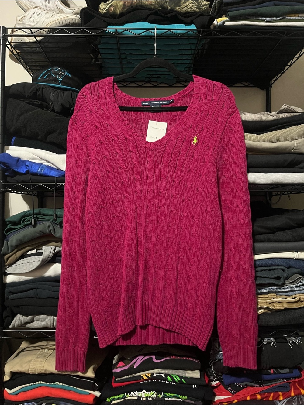Ralph Lauren Women's Cable-Knit V-Neck Sweater - Magenta with Yellow Pony